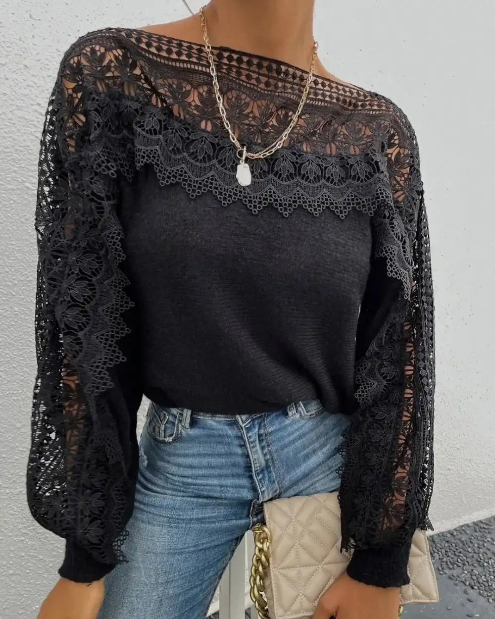 Women'S Lace Stitching Casual Long-Sleeved Top