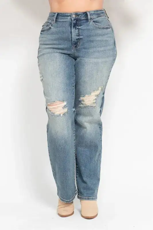 High-Waist Relaxed Distressed Washed Straight Leg Jeans