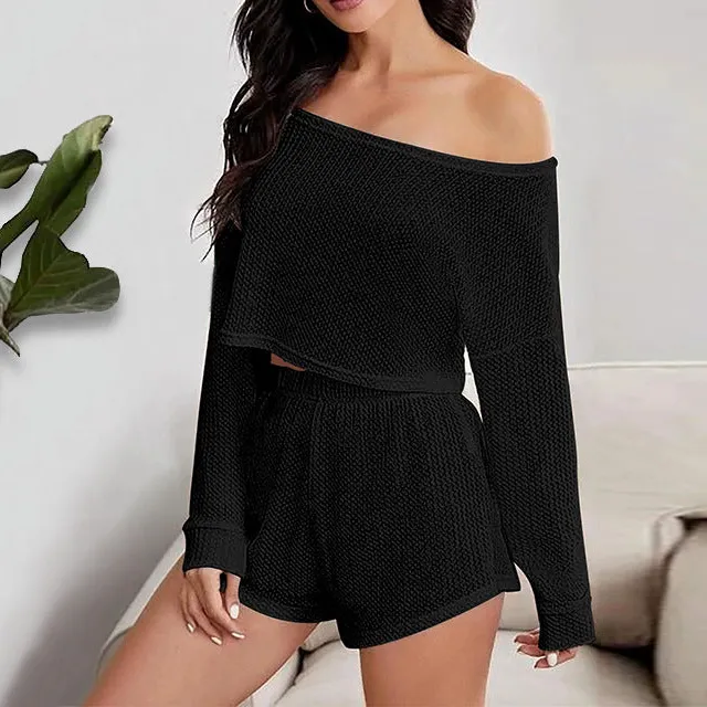 Off the Shoulder Long Sleeve Crop Top and Shorts Pajama Set