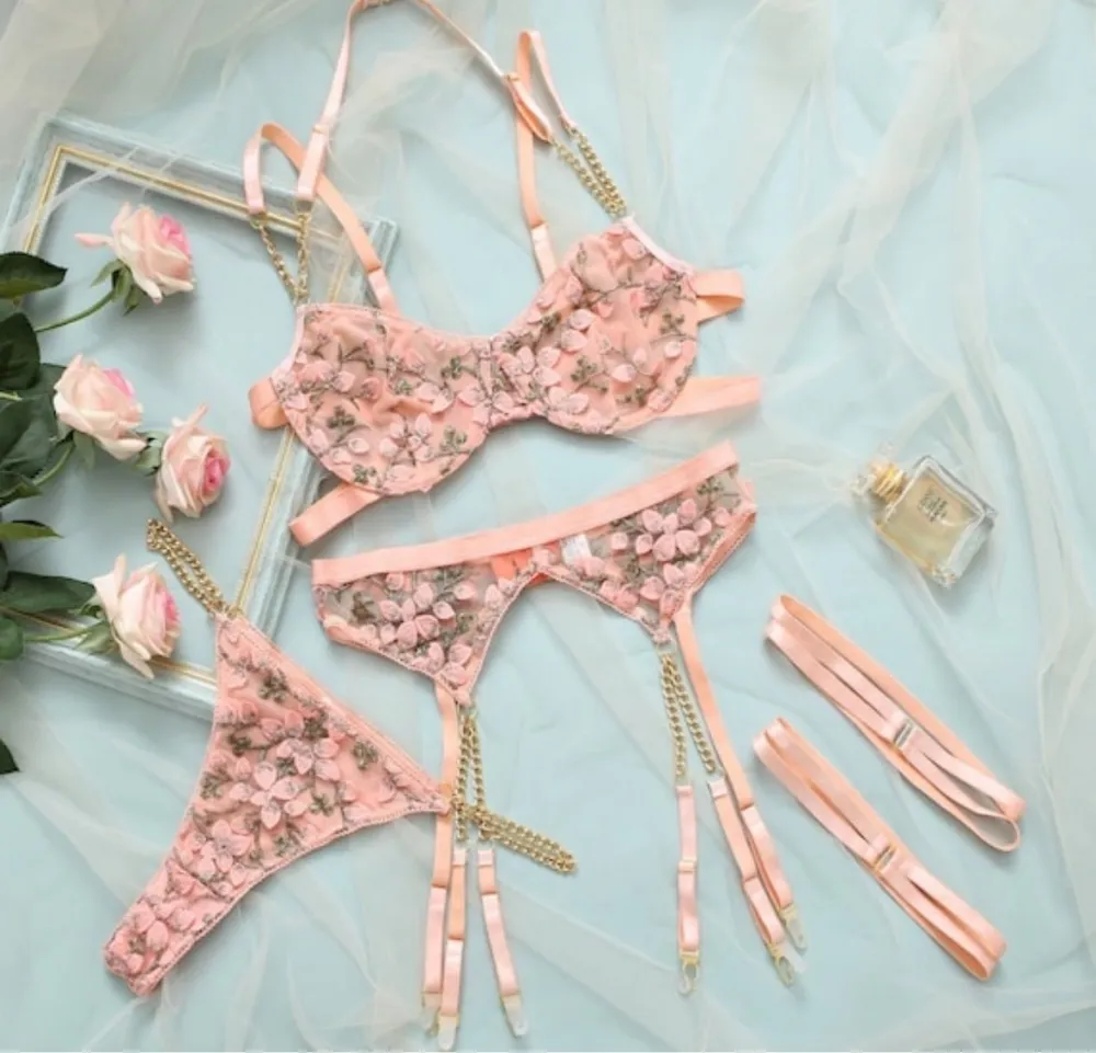 Delicate Embroidered Garter Lingerie Set