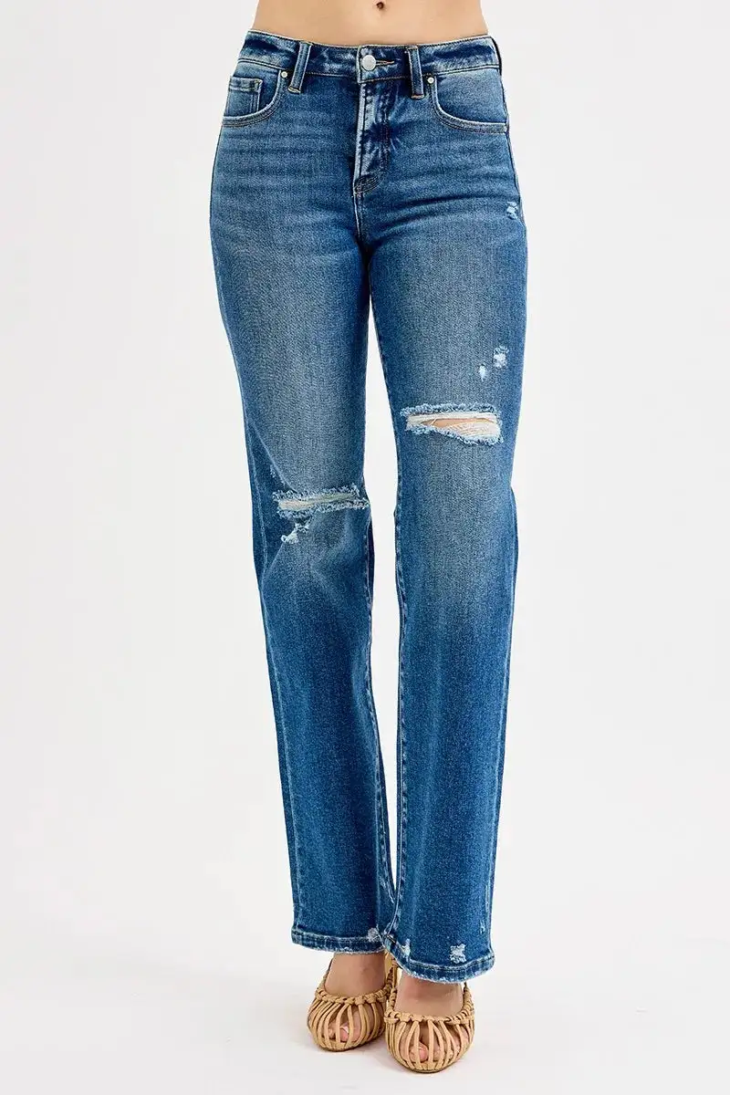 Refined High-Rise Distressed Washed Pocketed Straight Leg Jeans