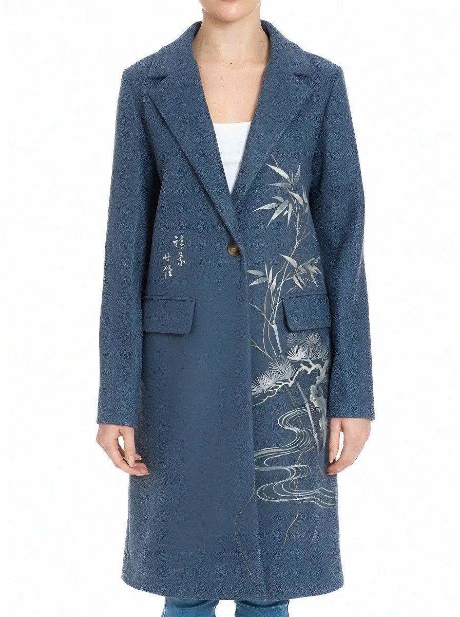 Women's Asian Zen Bamboo Pine Printed Wool Coat
