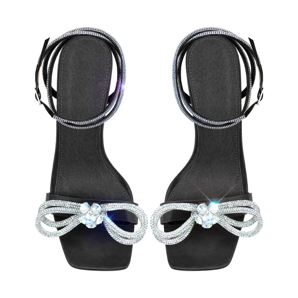 Square Toe Diamante Bow Rhinestone Ankle Strap Sandals