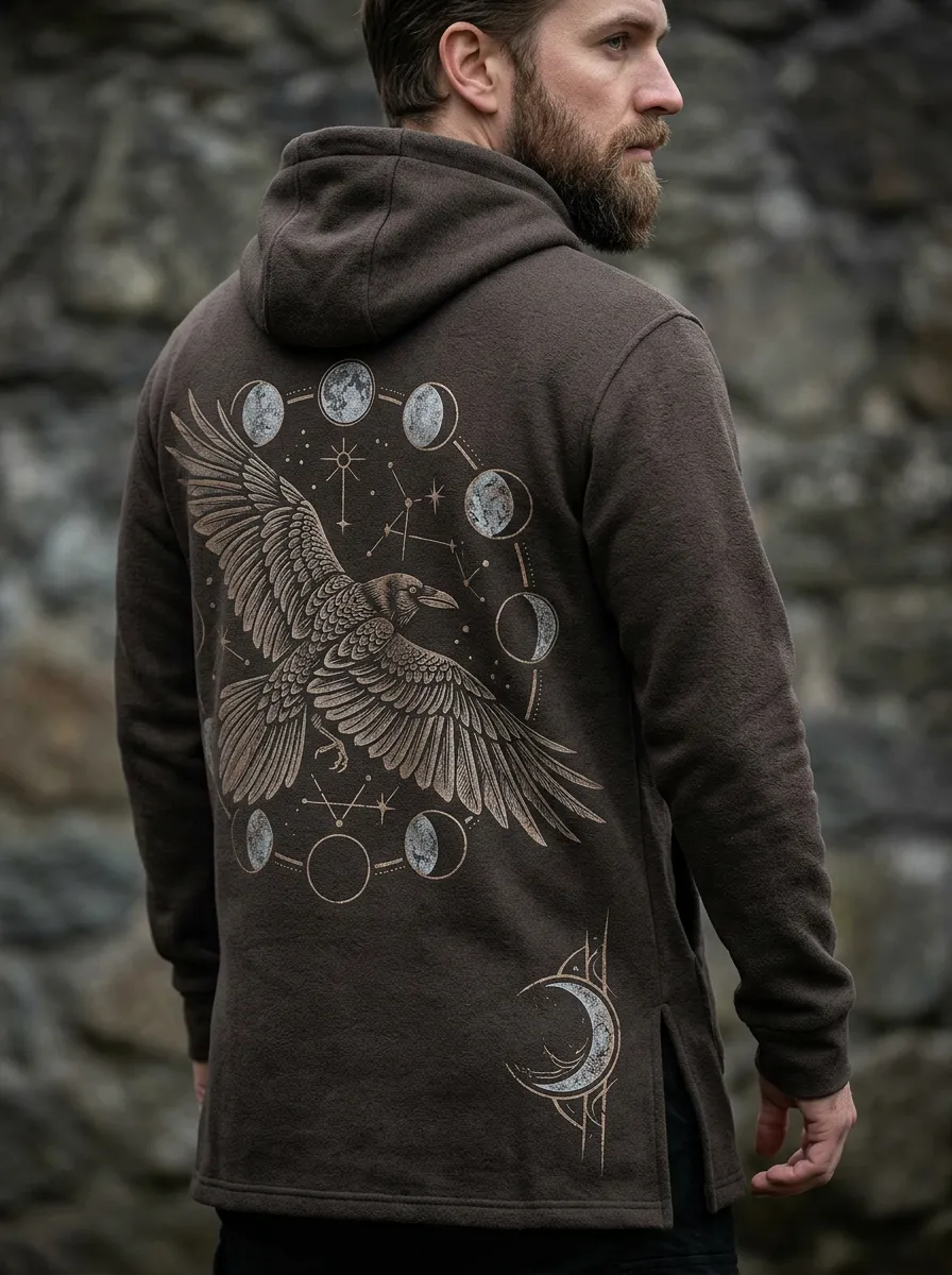 Men's Raven Pullover Back-Graphic Crescent-Moon Hoodie