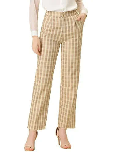 Women's Plaid Pants Elastic Waist Casual Work Office Long Trousers
