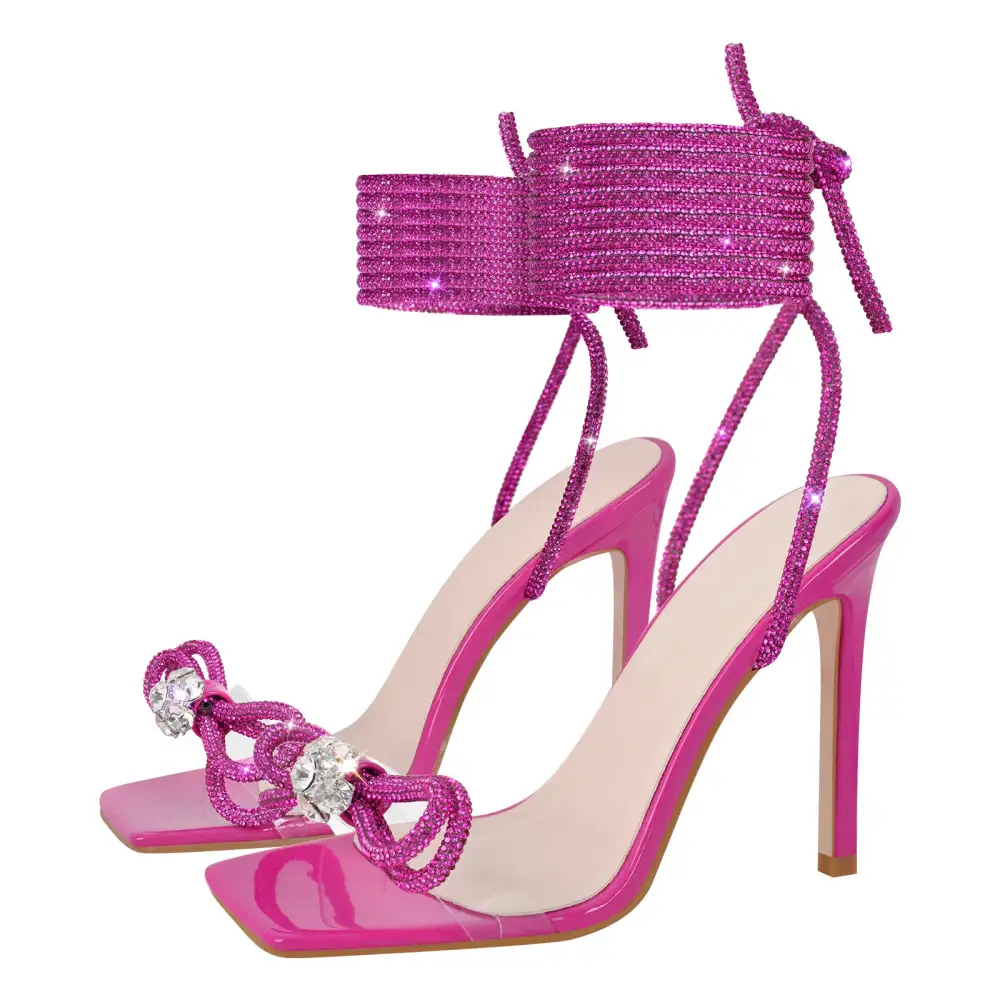 Square Toe Rhinestone Lace Up Stiletto Sandals