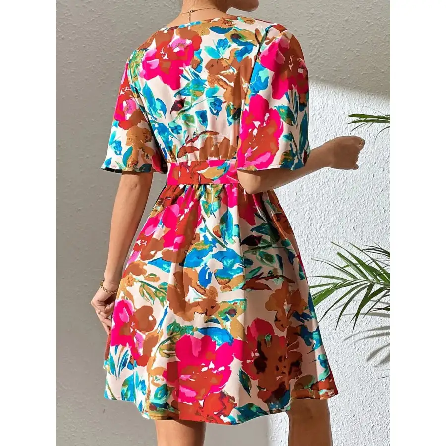 Printed Surplice Short Sleeve Mini Dress