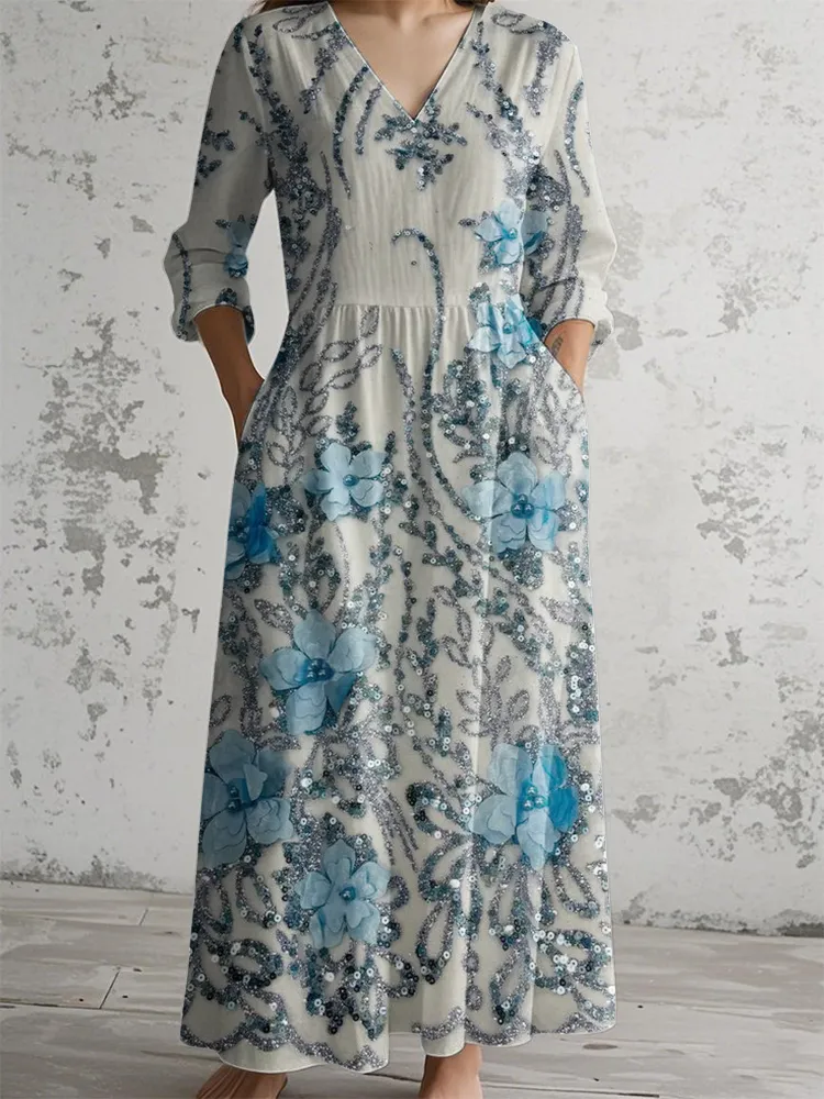 Light Biue Flower Sequin Print Long-Sleeve Dress