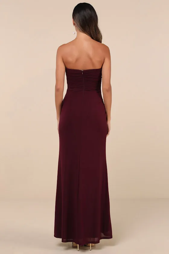 Epitome of Allure Brown Mesh Strapless Ruched Maxi Dress