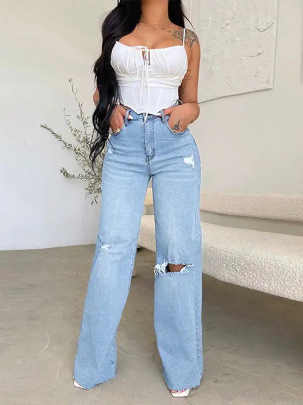 Structured High Waist Wide Leg Ripped Denim Jeans