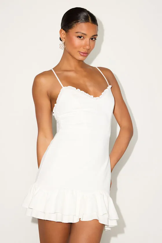 Nihira White Tiered Lace-Up Mini Dress