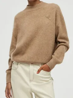 Cashmere Mock Neck Women Sweater With Wheat Ear Brooch