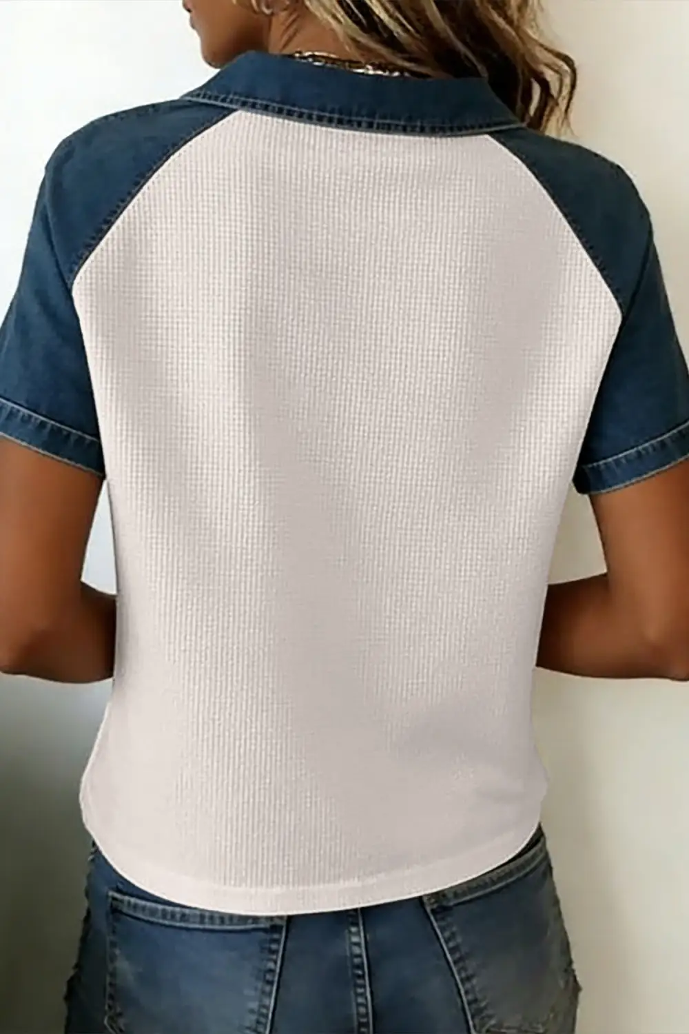 Colorblock Patchwork Denim-Detail Polo T-Shirt