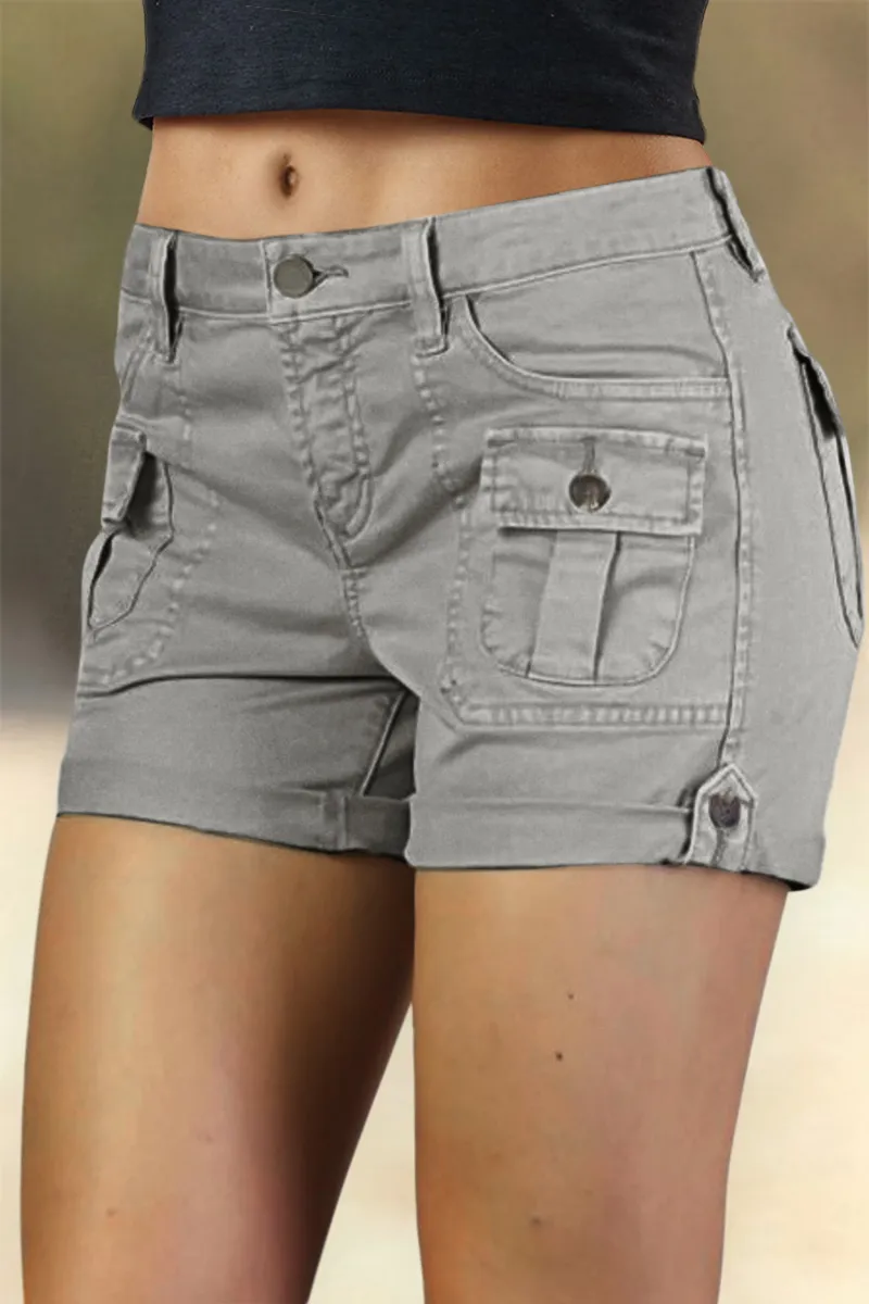 Flap Pocket Roll Tab Hem Mid Waist Shorts