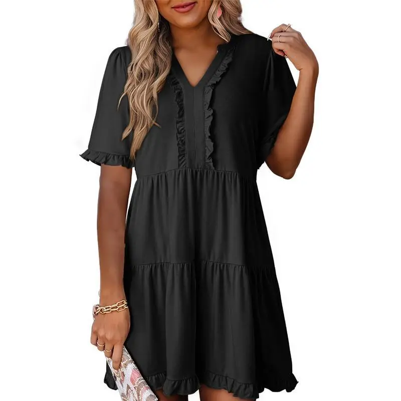 Womens Dresses 2025 Summer Spring V Neck Ruffle Short Sleeve Casual A-Line Flowy Swing Shift Dress Mini Dress