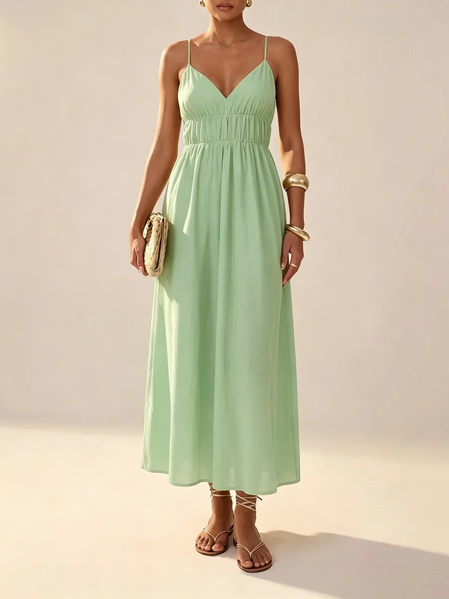 Women's Deep V-Neck Sleeveless Spaghetti Strap Ruched Flowy Maxi Sundress