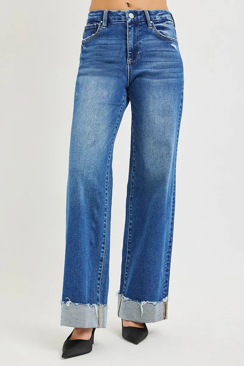 High Rise Raw Hem Cuffed Hem Relaxed Wide Leg Jeans
