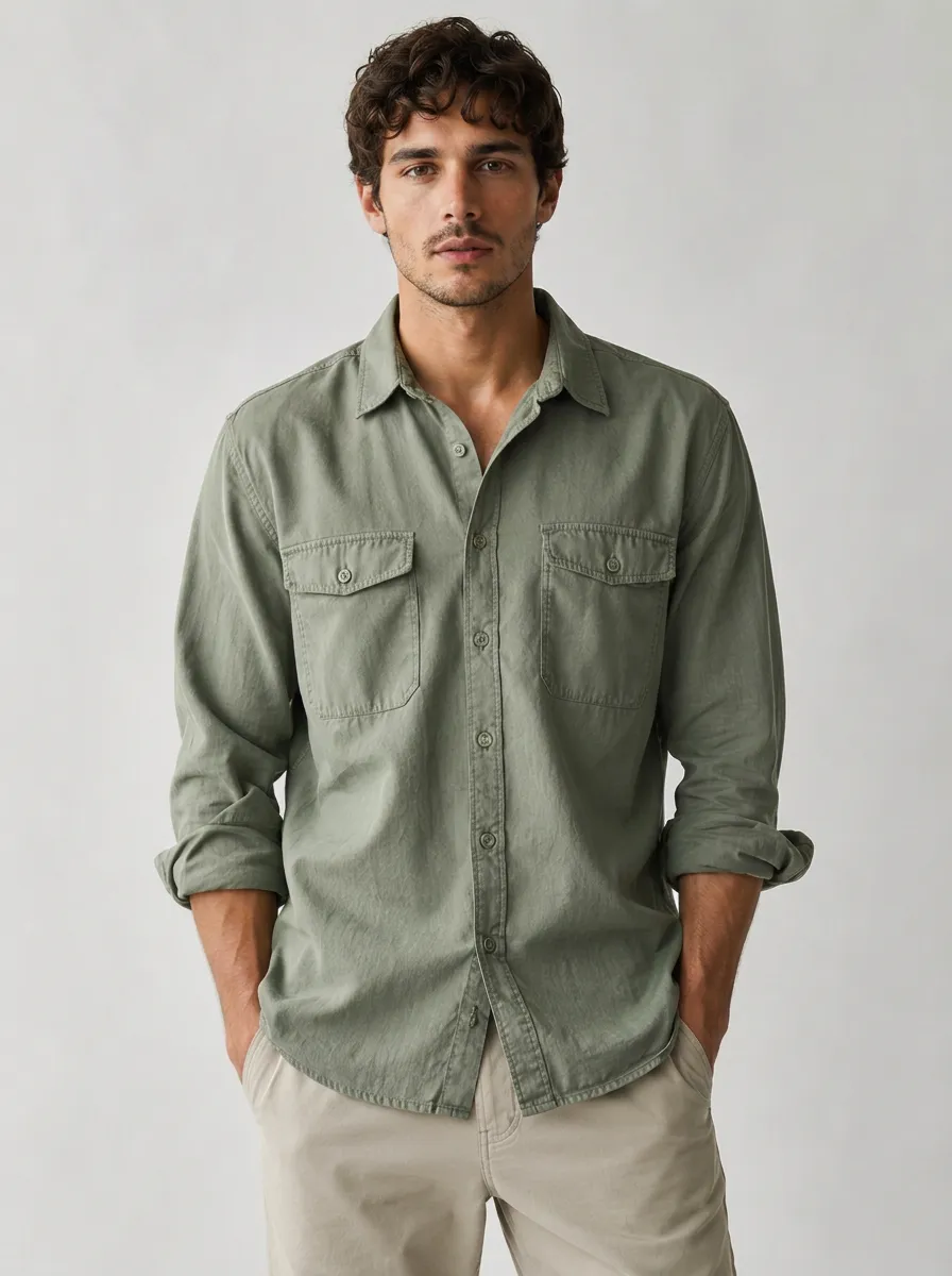 Men's Sage Green Utility Button-Down Shirt - Design D