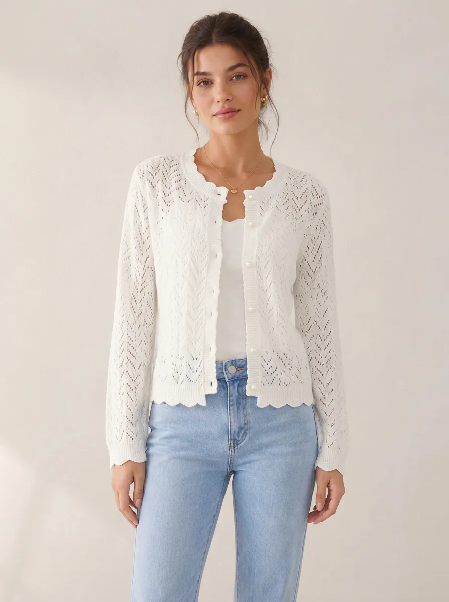 Women's Casual Elegant White Crochet Knitted Button-Up Cardigan