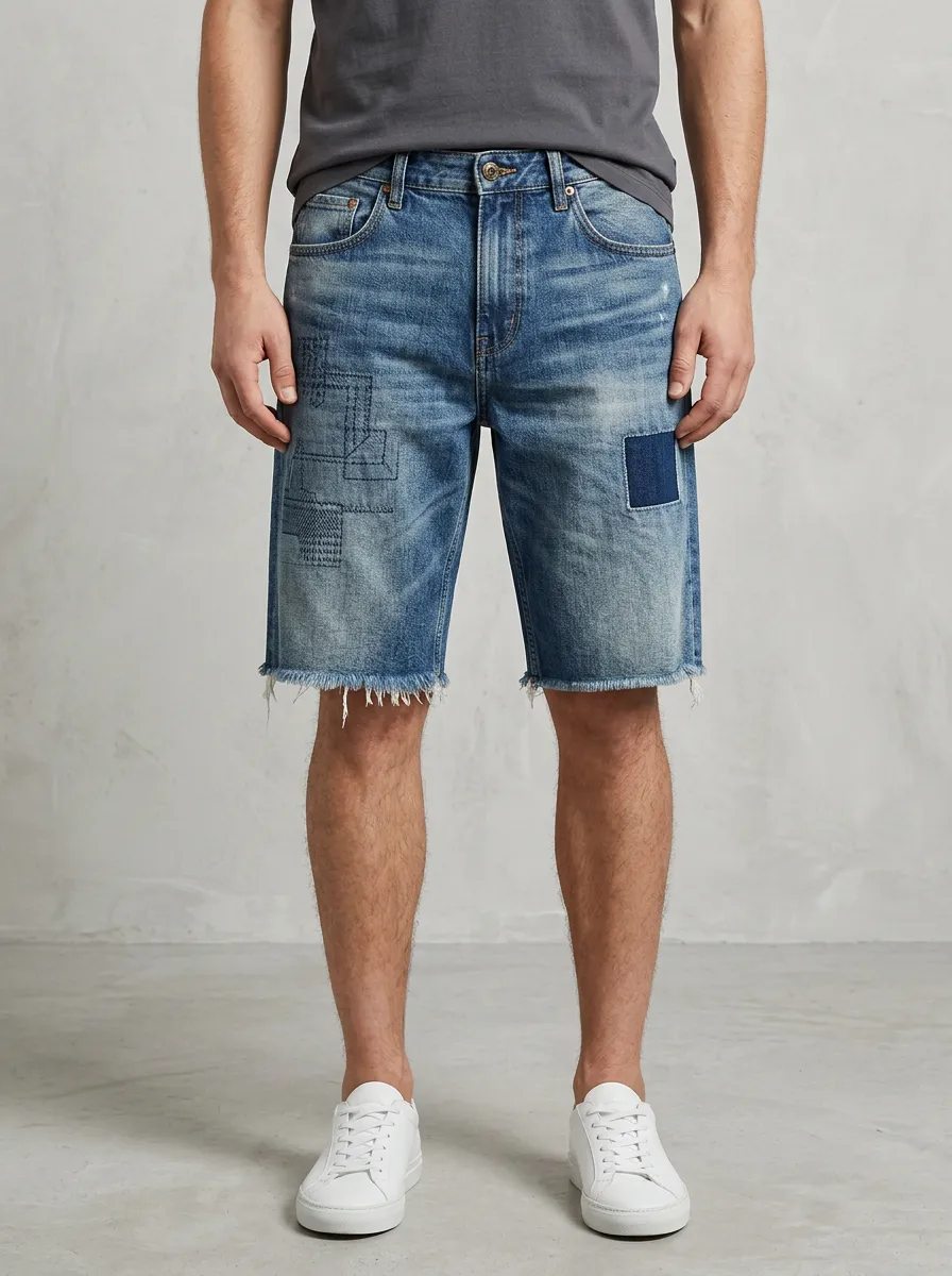 Men's Patchwork Raw Hem Distressed Denim Shorts