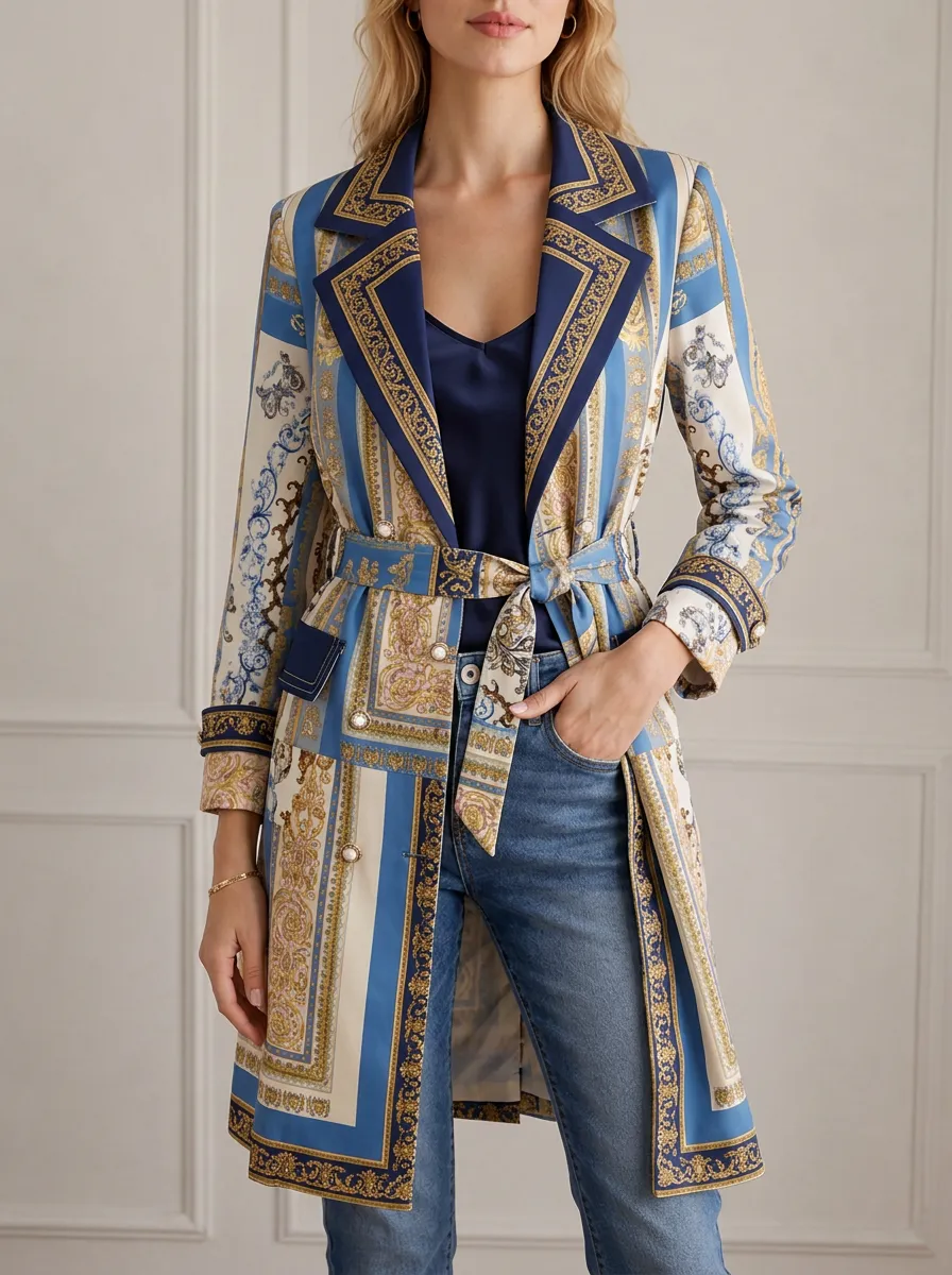 Women's Baroque Vintage Pattern Printed Longline Blazer