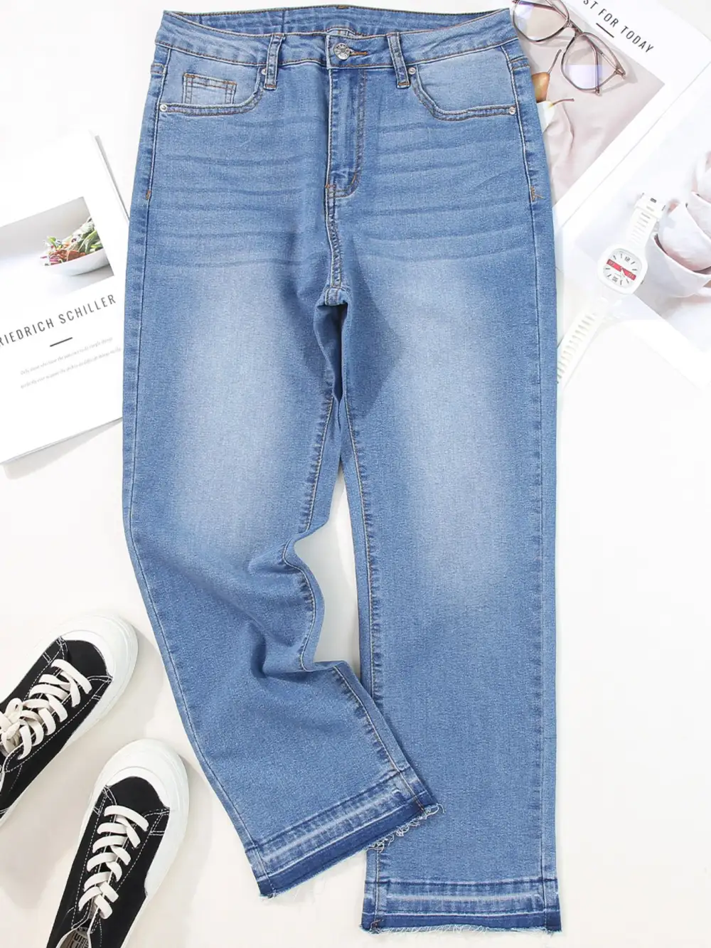 Textured Raw Hem Denim Jeans
