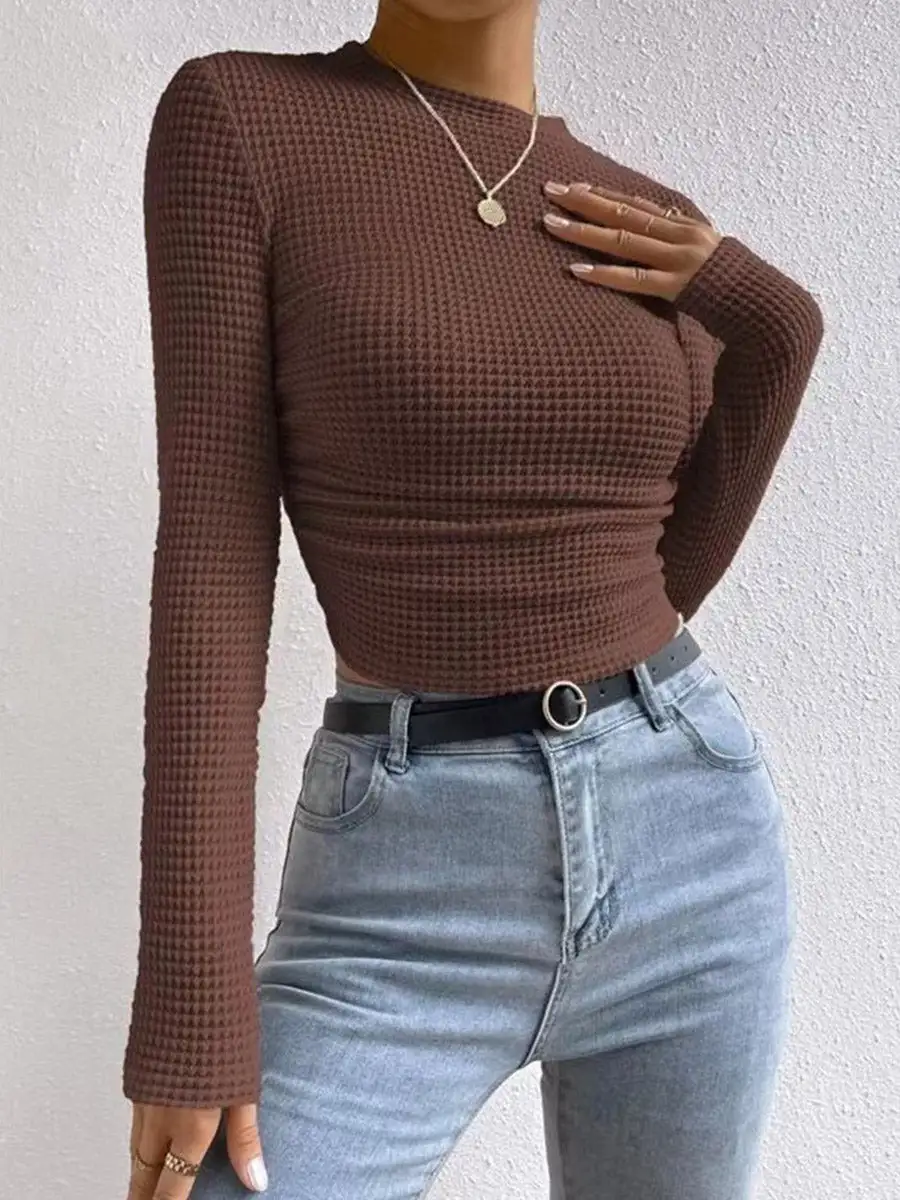 Long Sleeve Slim Fit Pleat Detail Panel Detail Textured Waffle Check Round Neck T-Shirt
