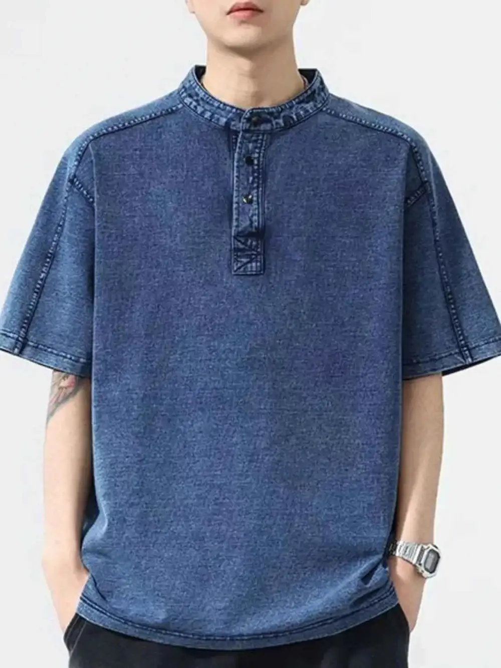 Button Detail Short Sleeve Denim Top Shirt