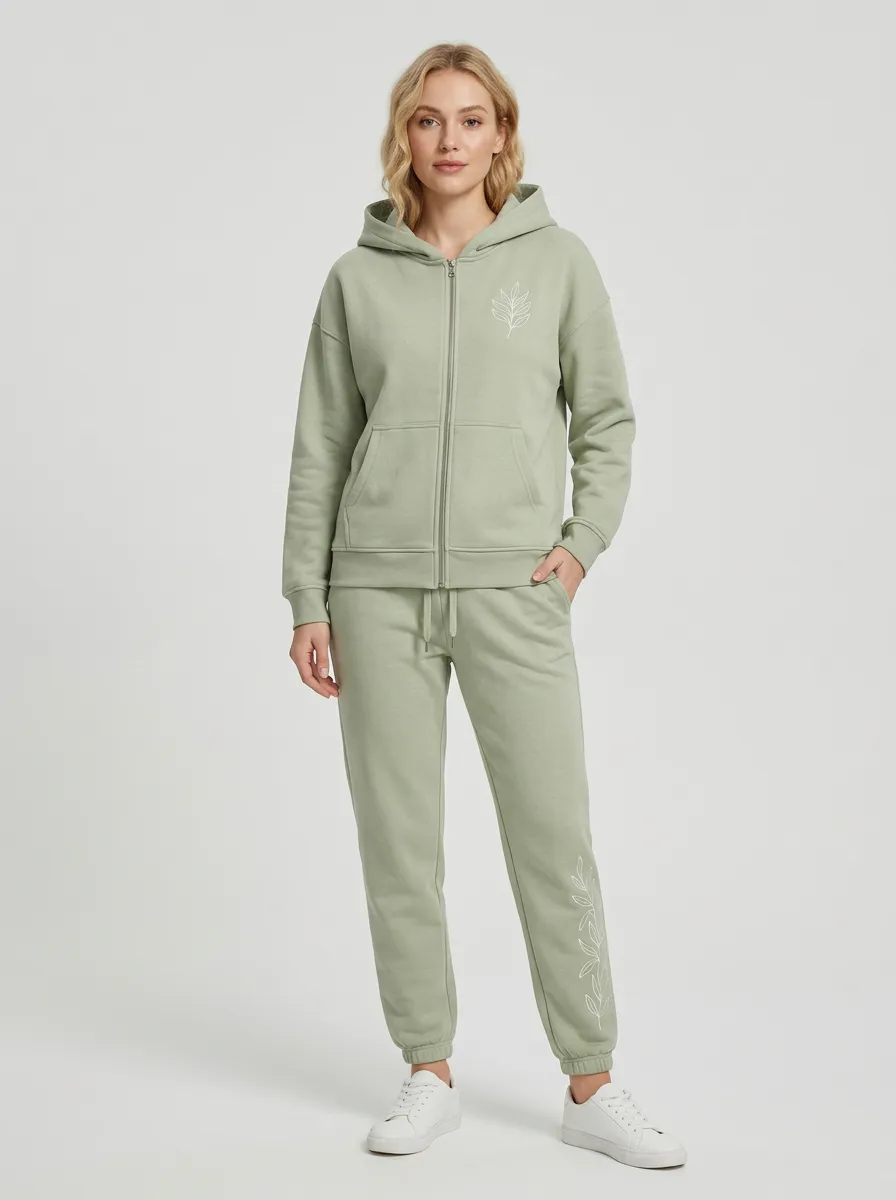 Women's Sage Green Cuffed Joggers Zip-Up Hoodie Jacket & Jogger Set