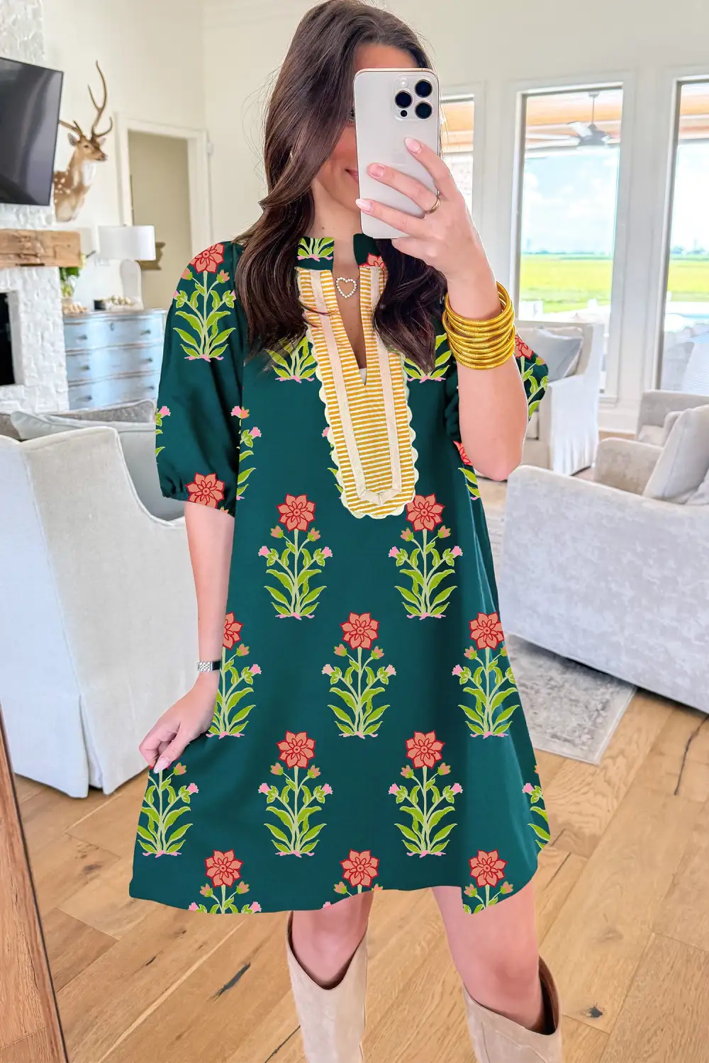 Drape Floral Striped Short Sleeve Dress