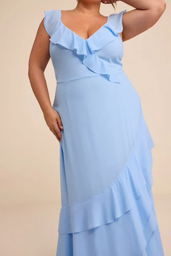 Charming Event Light Blue Asymmetrical Ruffled Maxi Dress