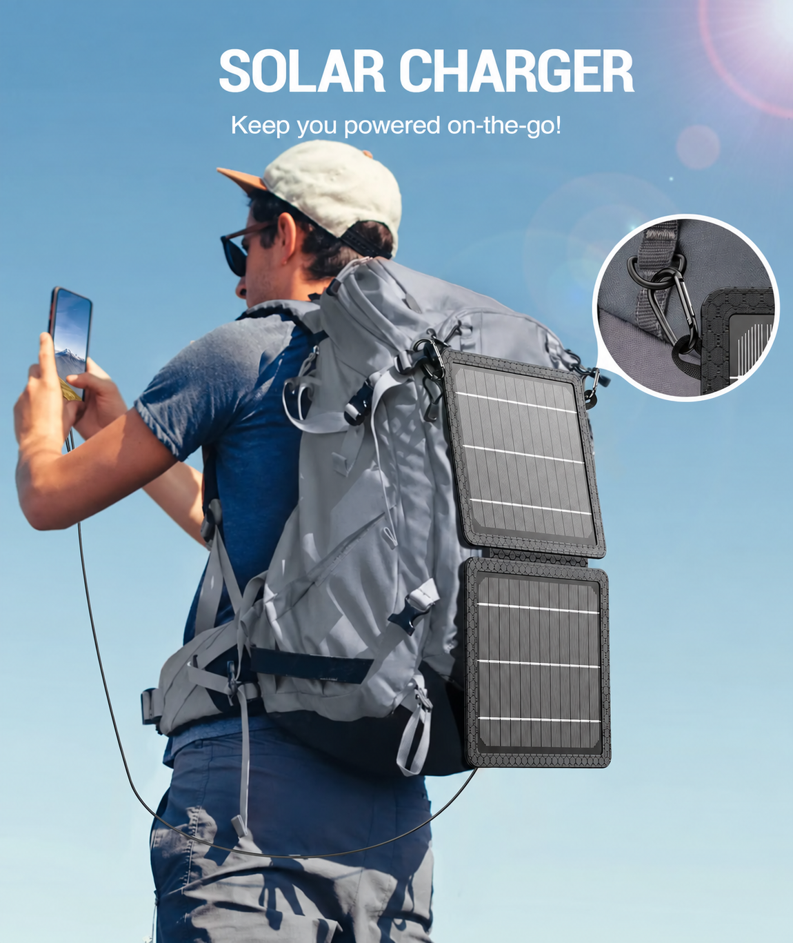 Solar panel attached to backpack with a closeup of the carabiner connection