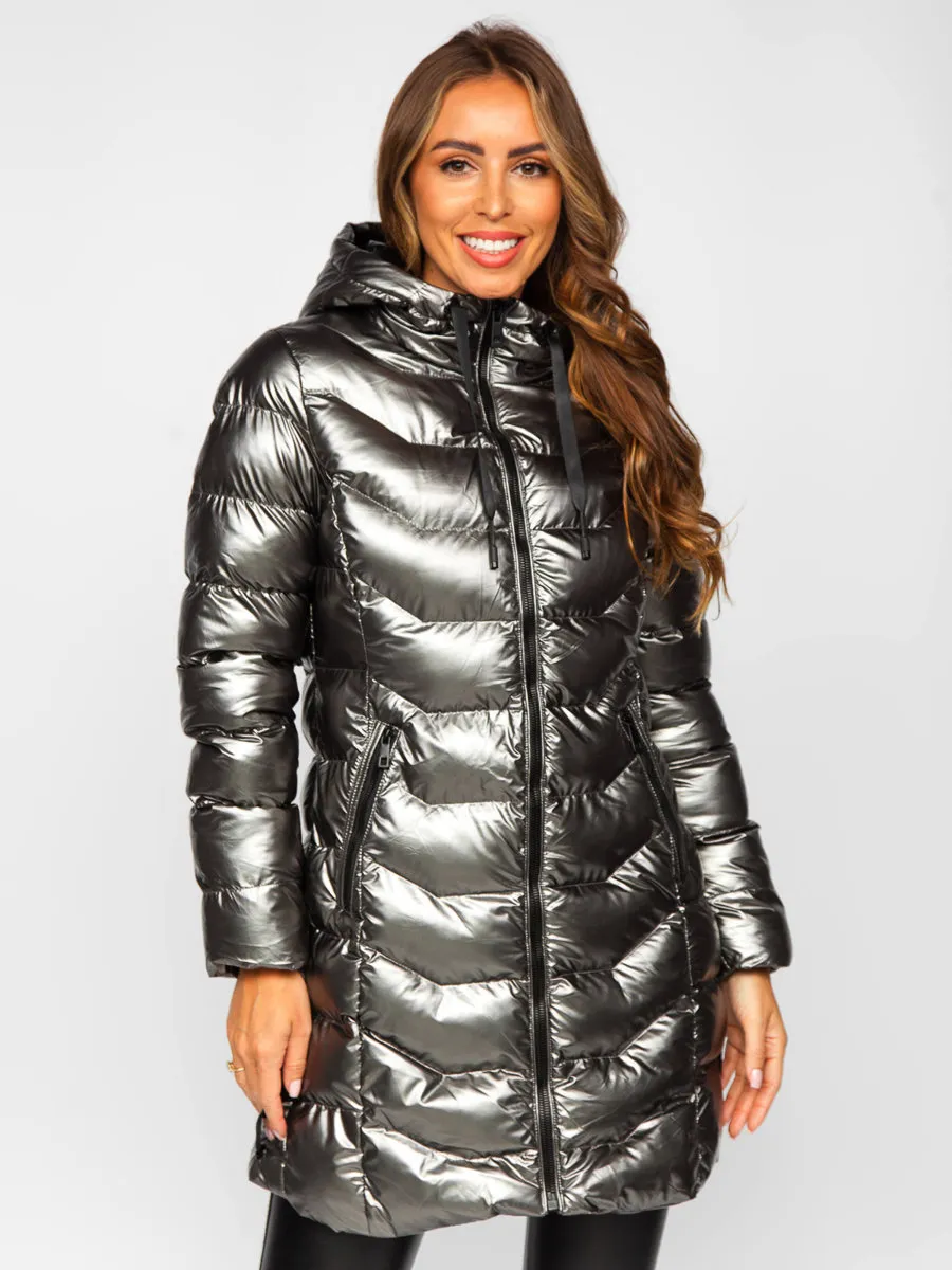 Women's Silver Long Quilted Winter Jacket With Hood