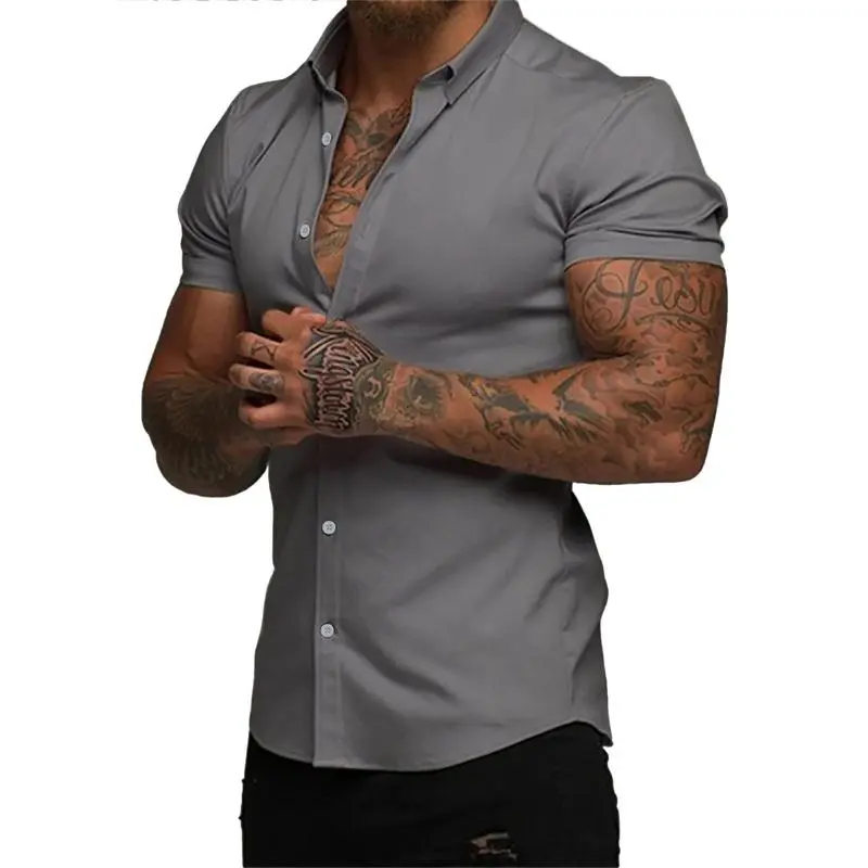 Men's Muscle Fit Dress Shirts Casual Button Down Shirt Short Sleeve Wrinkle-Free Shirts