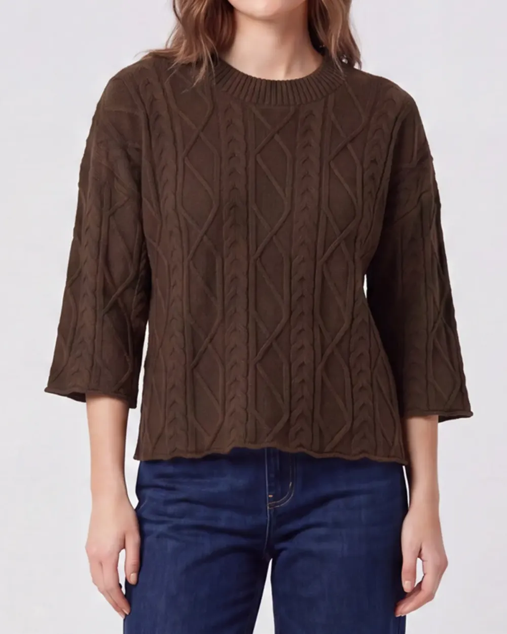 Relaxed 3/4 Sleeve Cable Sweater
