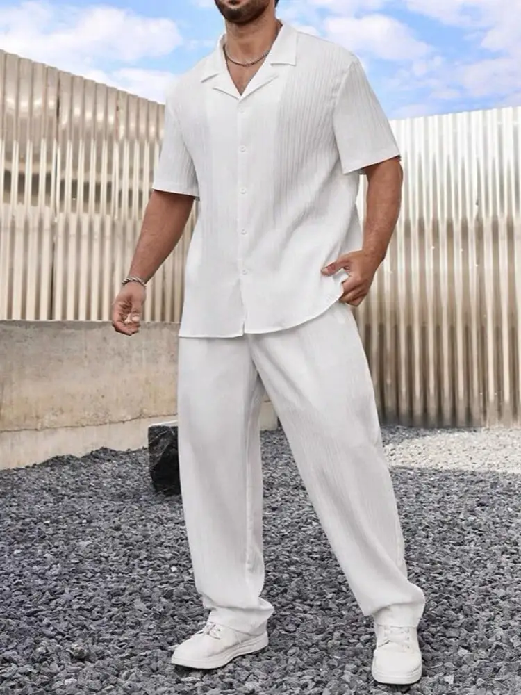 Men's Two-piece Suit Shirt and Elastic Waist Pants Set