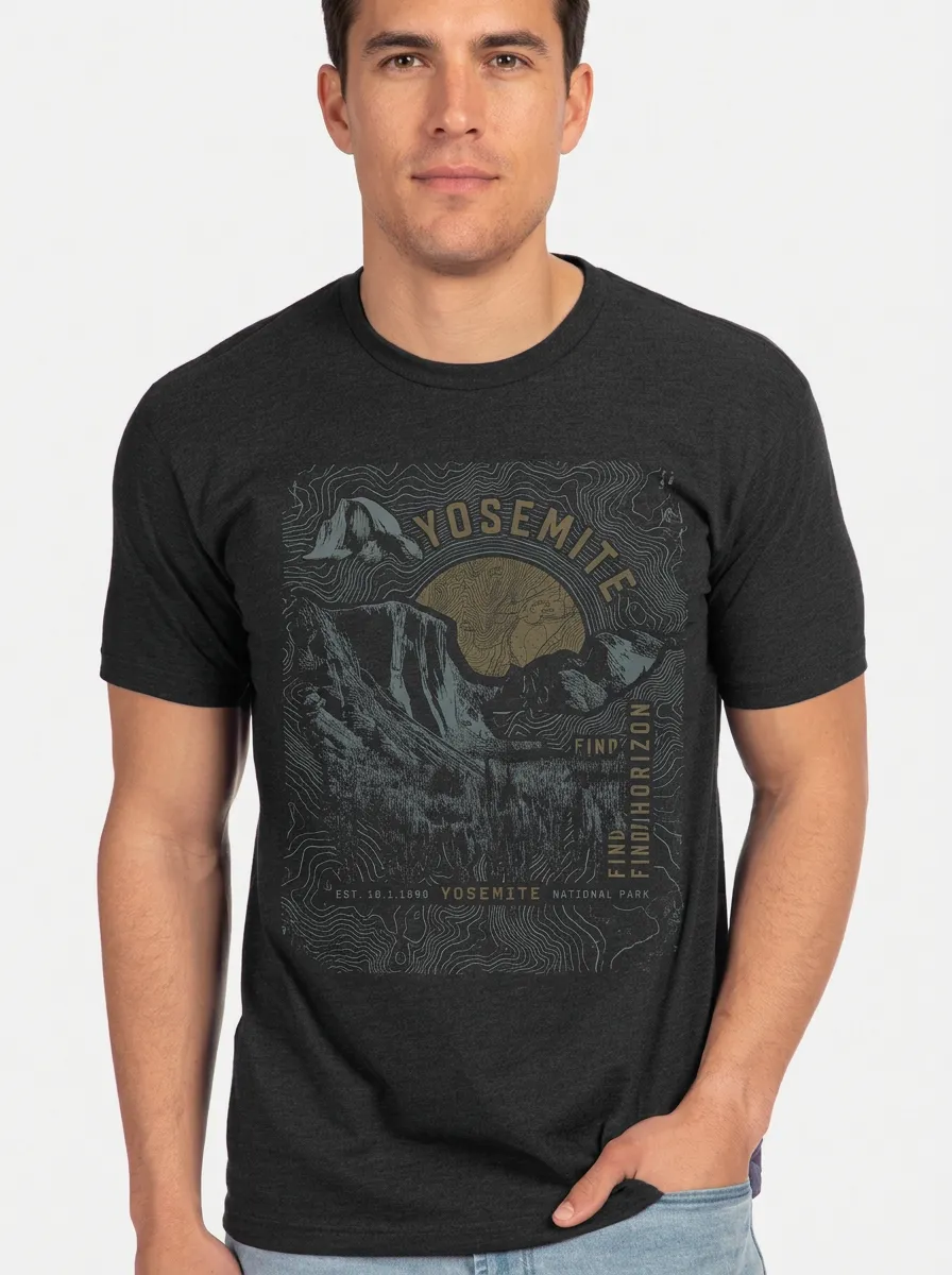 Men's Crewneck Camp Trail Yosemite National Park Mountain Topographic Graphic T-Shirt