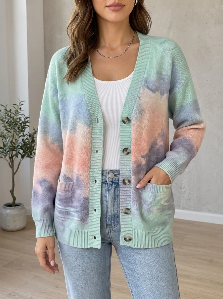 Women's Pastel Tie-Dye Pattern Printed Ribbed Trim Relaxed Wardrobe Cardigan