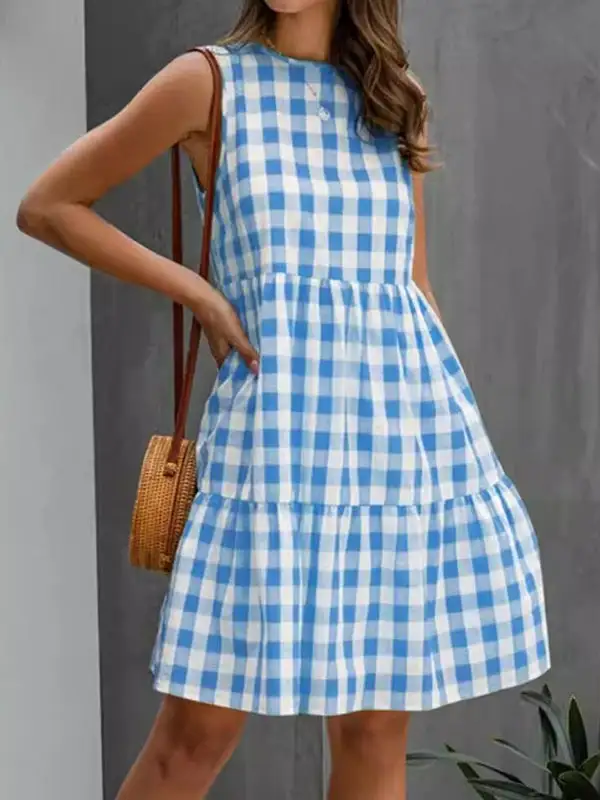 Relaxed Sleeveless Hollow Plaid Pleated Split Joint Round Neck Mini Dress