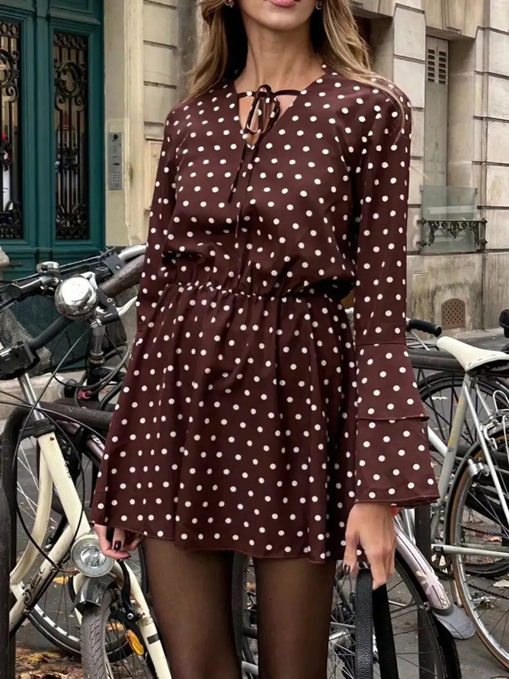 Polka Dot Long Sleeve Mini Dress