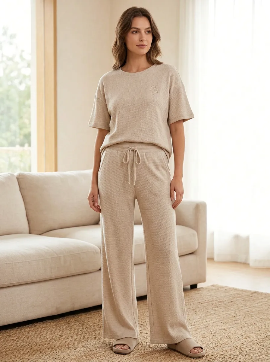 Active Floral Waffle Knit Silhouette Women's T-Shirt and Wide Leg Lounge Set