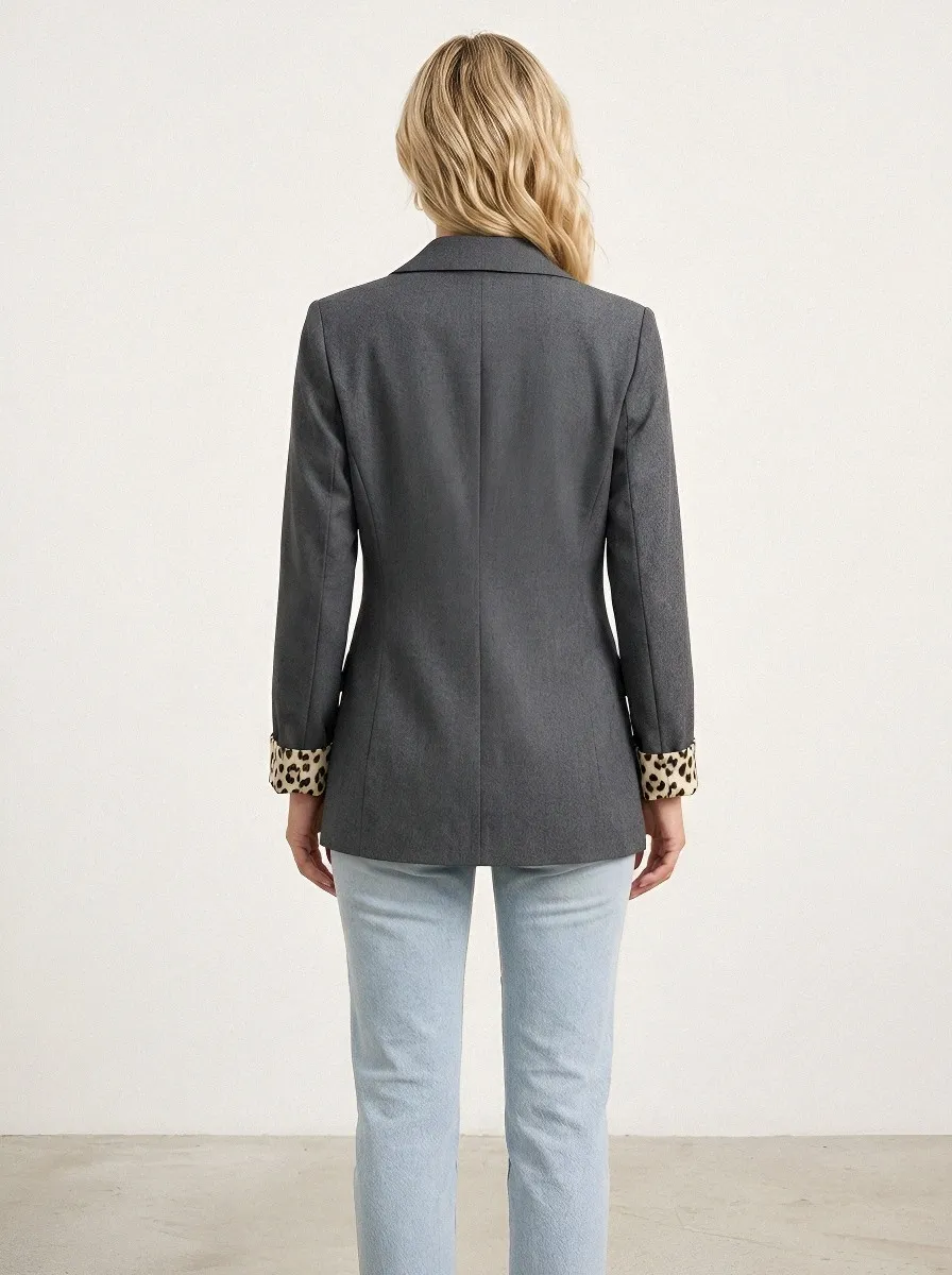 Women's Leopard Cuff Detail Grey Double Breasted Printed Blazer