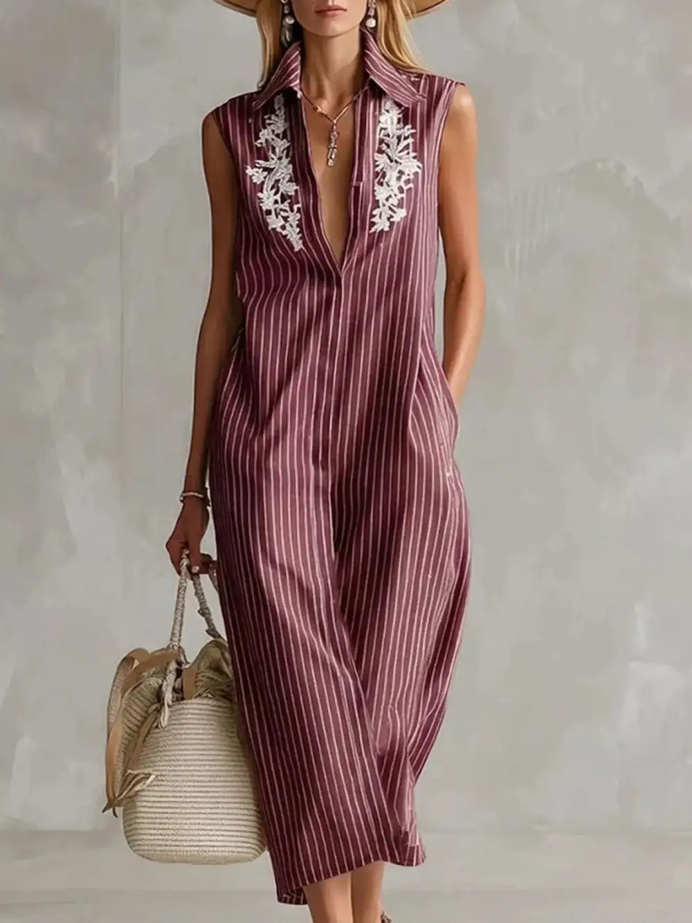 Striped Sleeveless Collared Neck Shirt Dress