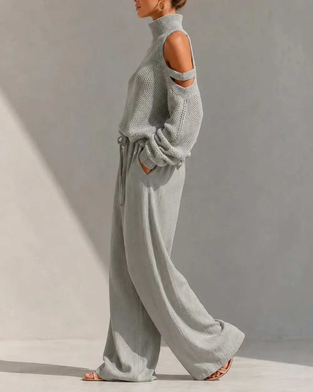 Knit Cold-Shoulder Turtleneck Wide-Leg Pants Set