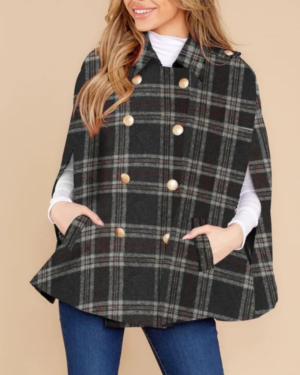 Black Plaid Cloak Coat For Women