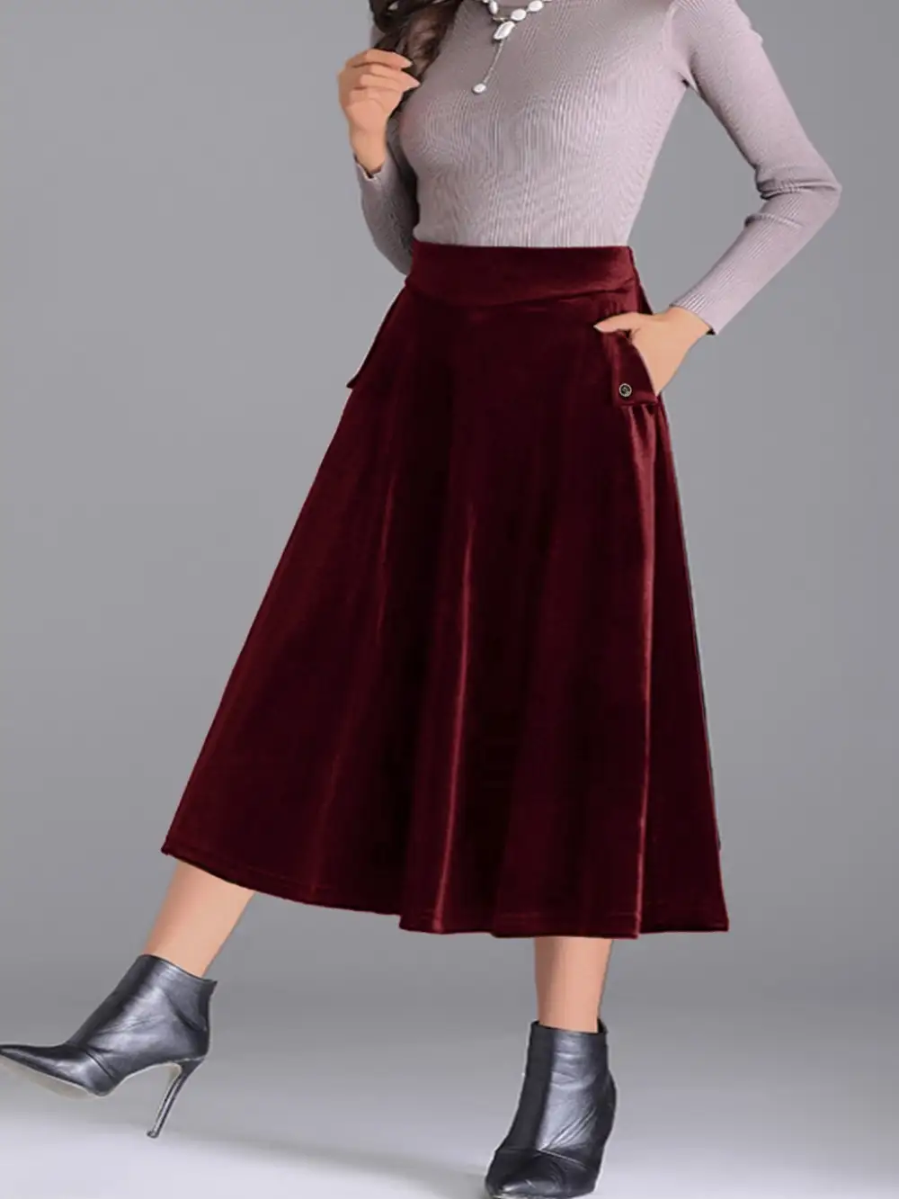 Plus Size Elegant Velvet A-line Midi Skirt