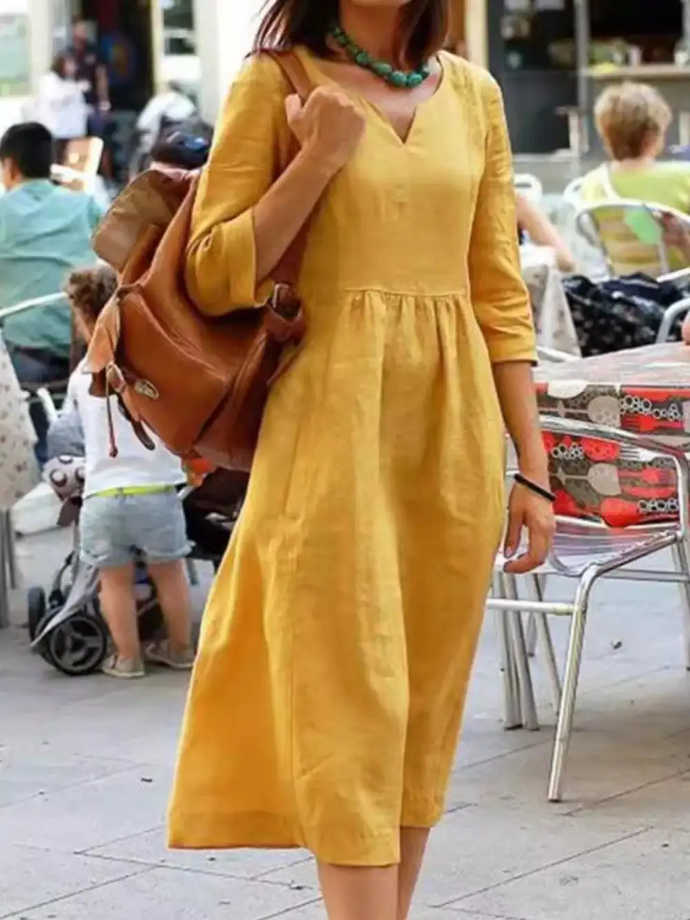 Notched Neck Three Quarter Sleeve Pocketed Midi Dress