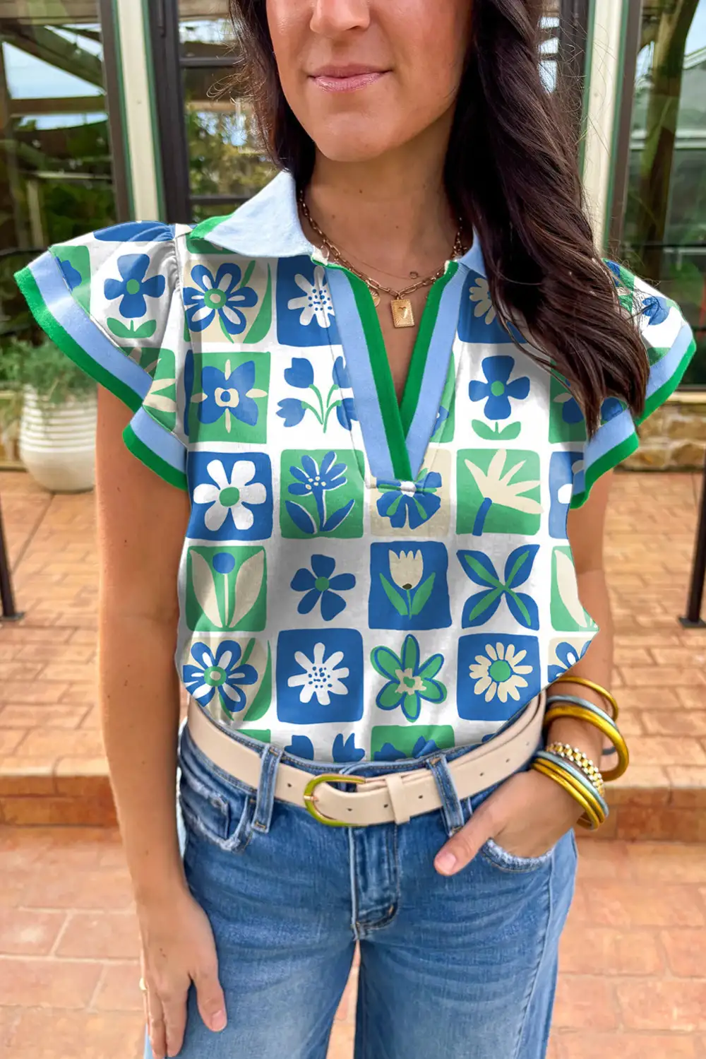 Floral Plaid Collared Blouse