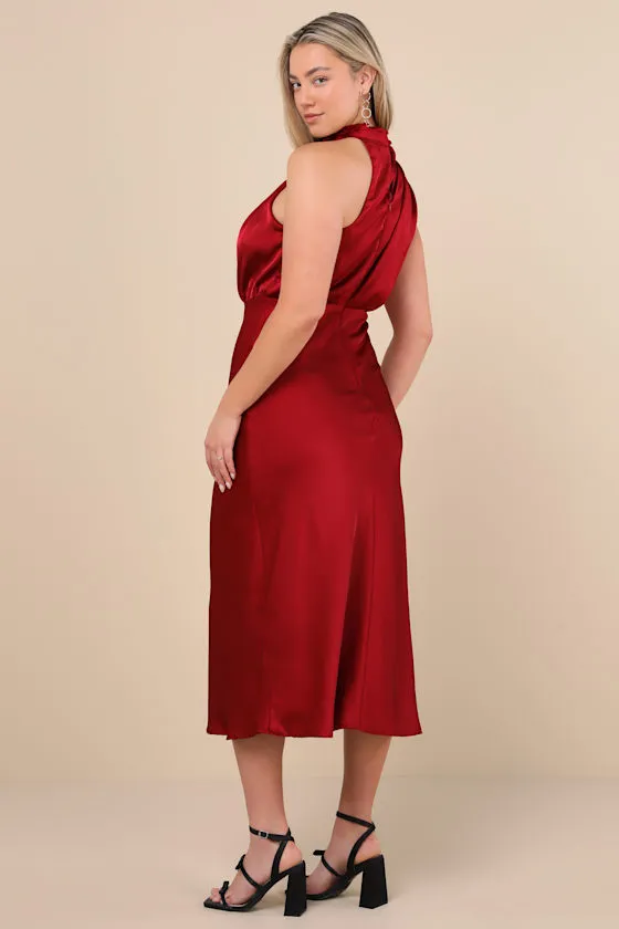 Distinctive Charm Red Orange Satin Asymmetrical Midi Dress