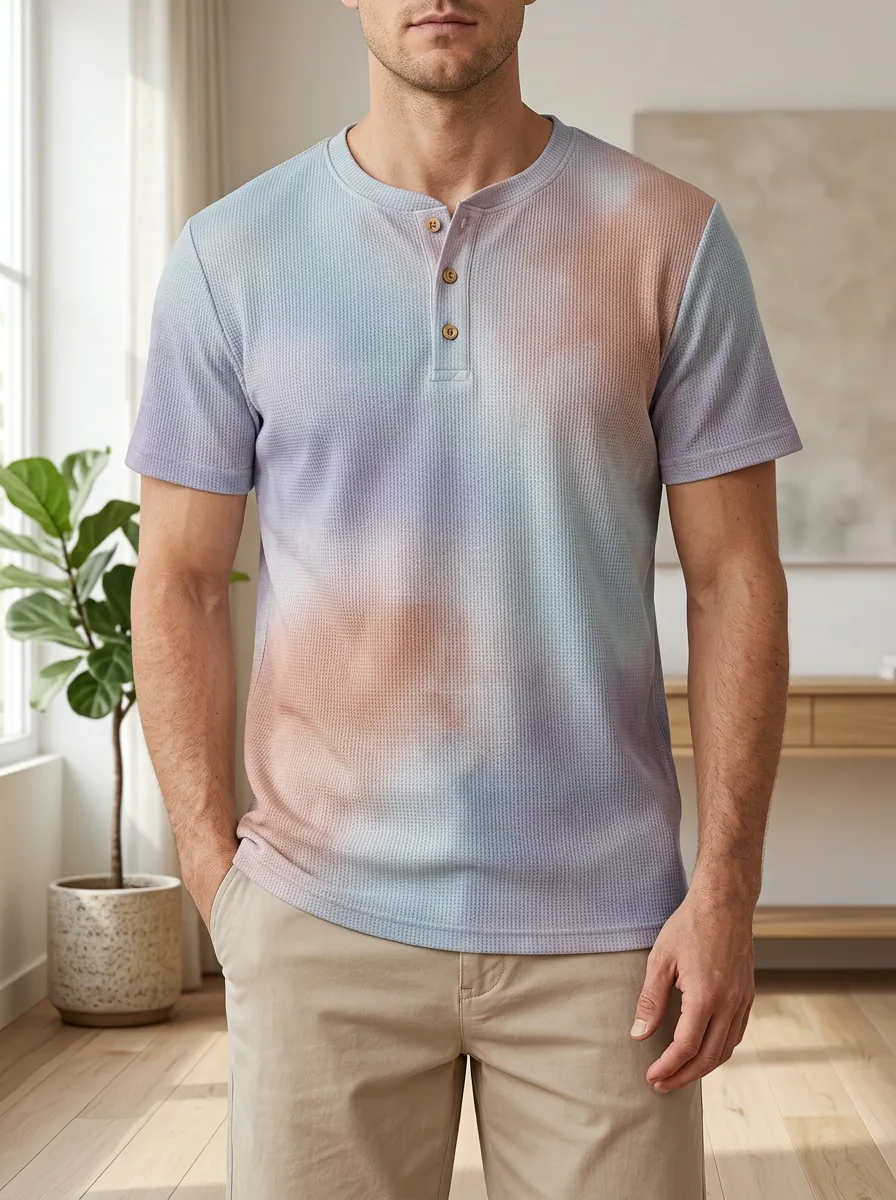 Men's Classic Tie-Dye Waffle Knit Motif Henley T-Shirt